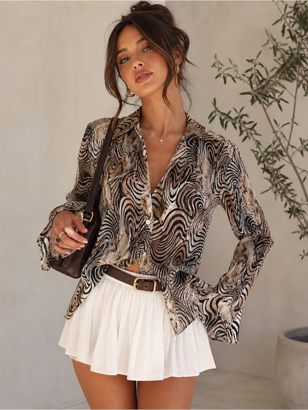 dressbarn Brown Black Cream Swirl Print Bell Sleeve Blouse